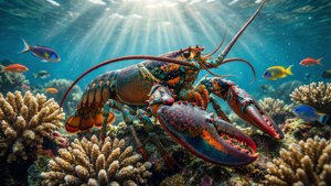 珊瑚礁上的彩色龍蝦、魚兒和清澈藍色海水中的陽光光束