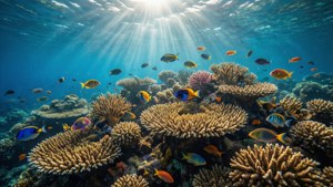 陽光穿過海水照在珊瑚礁上，色彩繽紛的熱帶魚游動