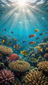 陽光穿過海水，照射在色彩繽紛的珊瑚礁和熱帶魚上