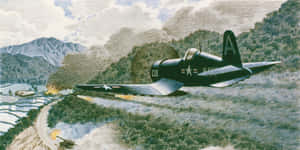 復古海軍戰鬥機低空飛過山區梯田。