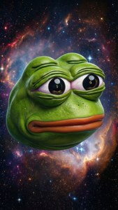 綠色青蛙臉，眼睛下垂，漂浮在色彩繽紛的星空星雲中