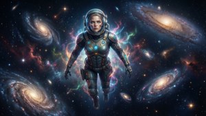 女太空人在太空中漂浮，周圍是星系和色彩繽紛的星雲