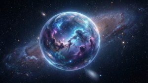 一個充滿鮮豔星雲和星星的發光宇宙氣泡漂浮在深空中。