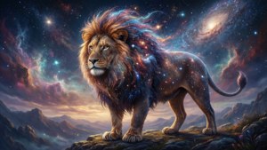 一頭擁有星鬃的獅子站在山頂上，背景是色彩繽紛的銀河天空。