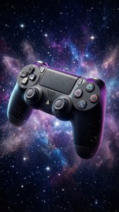 黑色PlayStation手掣漂浮在色彩繽紛的星空星雲中