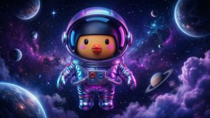 一隻卡通鴨子太空人在太空中漂浮於行星和星星之間