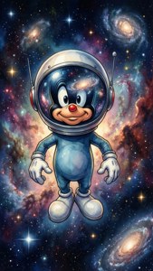 一隻卡通貓太空人漂浮在充滿星系和星星的充滿活力的宇宙空間中。