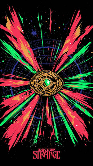 奇異博士剪影在散發紅綠能量的發光神秘之眼下方。