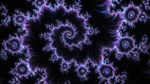 抽象數位分形藝術，在黑色背景上呈現發光的紫色和藍色螺旋