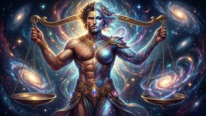 一個神話般的人物，在充滿旋轉星雲和星星的鮮豔銀河背景下手持宇宙天秤。