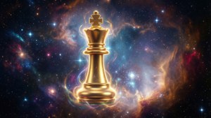 金色國王棋子漂浮在彩色星空星雲中，帶有發光的宇宙雲