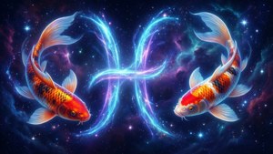 兩條色彩繽紛的錦鯉在繁星點點的太空星雲中游動，發光的藍色軌跡形成一個心形。