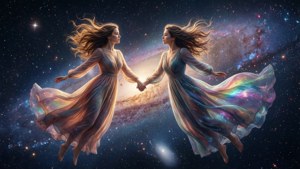 兩位身穿飄逸長裙的女性手牽手，漂浮在充滿星星和星雲的色彩繽紛的星系中。