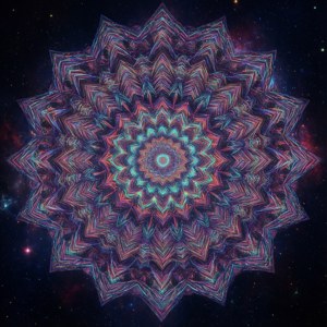 一個發光的幾何曼陀羅漂浮在充滿星星的星系中。