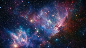 充滿活力的宇宙星雲，旋轉的粉紅色、紫色、藍色和橙色氣體雲和星星