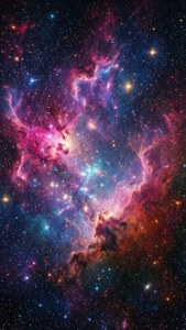充滿活力的宇宙星雲，在深空中帶有粉紅色、紫色和藍色的氣體，與星星一起發光