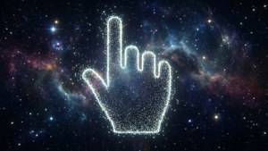 在繁星點點的宇宙背景上，帶有彩色星雲的發光數位手形游標。
