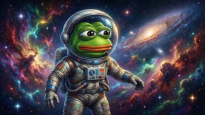 一隻綠色青蛙太空人在色彩繽紛的太空中漂浮，背後有星雲和星星。