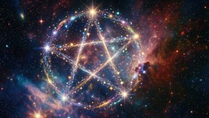 在色彩繽紛的宇宙星雲中，由星星組成的發光五角星和旋轉的氣體雲。
