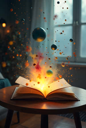 打開的書在桌上噴發發光行星和宇宙粒子，陽光房間