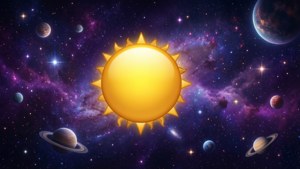 一顆發光的太陽，被行星和彩色宇宙雲環繞在深空中。