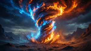 宇宙火與冰龍捲風在貧瘠的沙漠景觀上空旋轉。