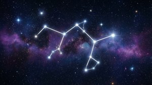 一張星圖，顯示星座在深空多彩星雲的背景下