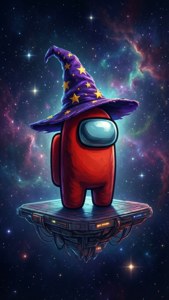 紅色Among Us角色戴巫師帽喺太空船上漂浮喺星空。