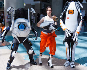 三名穿著 Portal 2 角色扮演服裝的人在會議中。 — 傳送門 壁紙