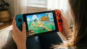在窗邊室內用 Nintendo Switch 玩 Animal Crossing 的人