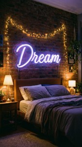 舒適的臥室，磚牆上裝飾著燈串，床上有紫色霓虹燈標誌 Dream。