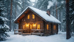 雪林中的木屋，溫暖燈光和煙囪煙霧