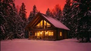 白雪覆蓋的木屋，在冬日森林的暮色中閃爍著溫暖的燈光
