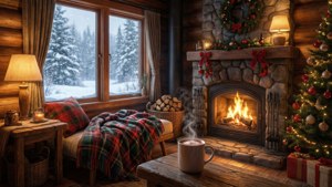 舒適的小木屋，配有壁爐、聖誕樹和雪景窗