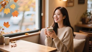女子微笑拿著咖啡杯，窗邊有秋葉