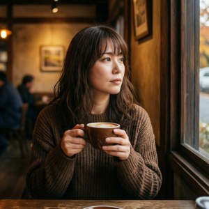 穿著棕色毛衣的女性拿著咖啡杯，在舒適的咖啡館裡望著窗外。