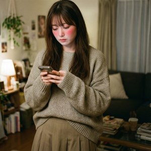 年輕女性穿著米色毛衣在舒適的客廳裡看手機，旁邊有書和檯燈
