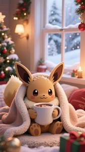 一隻可愛的伊貝裹在毯子裡坐著，在帶有聖誕裝飾的雪窗附近拿著一杯熱可可。