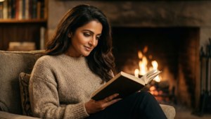 一位女性在壁爐旁的舒適扶手椅上看書。