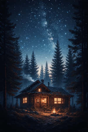 雪地森林中一間溫暖明亮的木屋，星空下，有營火。