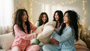 四個穿著睡衣的女人在燈串下的床上打枕頭戰時大笑。