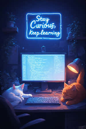 兩隻貓在桌子上睡覺，桌子上有電腦和寫著 stay curious keep learning 的霓虹燈牌