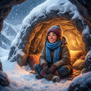 穿著冬季衣服的孩子在被雪覆蓋的石洞內微笑，溫暖的燈光照射著。