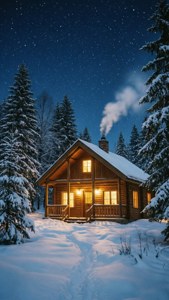 白雪覆蓋的木屋，溫暖燈光和煙囪炊煙，星空下