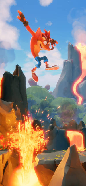 Crash Bandicoot 跳過一個充滿熔岩的火山景觀。