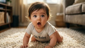 嬰兒在地毯上爬行，穿著「Oh Baby」連身衣，表情驚訝
