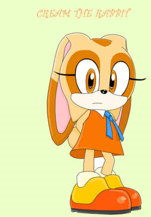 Cream the Rabbit 身穿橙色連衣裙和彩色鞋子，背景為綠色 — 奶油色美學 壁紙