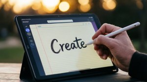 在黃金時段戶外，手用觸控筆在平板電腦上寫下「Create」。