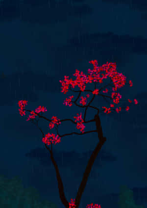 一棵櫻花樹，在夜雨中開著粉紅色的花朵