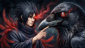 黑斗篷紅羽毛男人指著發紅光眼睛的烏鴉